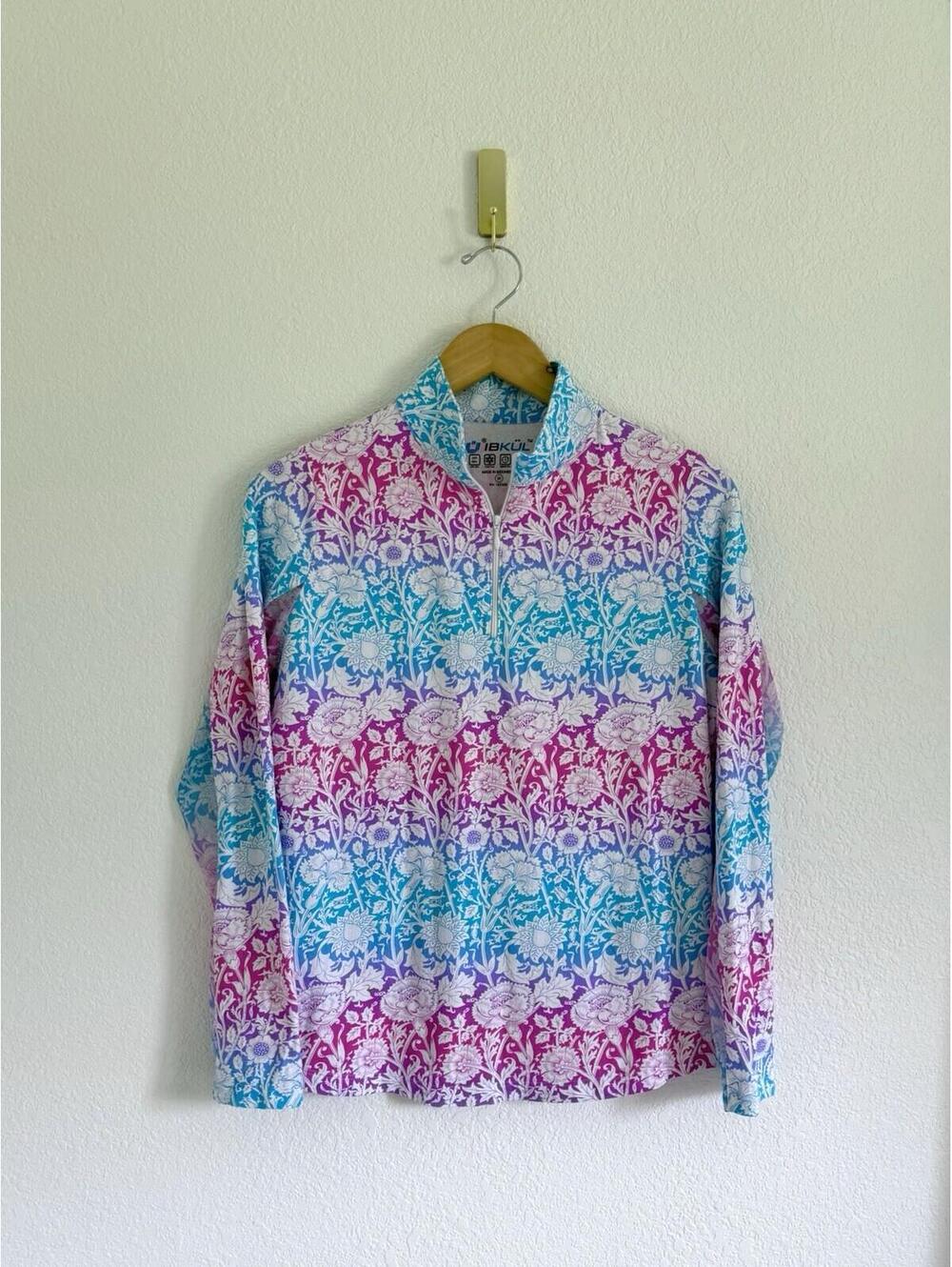 IBKUL Jesse Hot Pink Turquoise Long Sleeve Hoodie Golf Shirt‎ Women’s Sz M